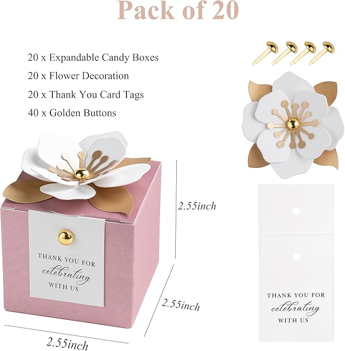 FEIYI 20 PCS Candy Boxes, 3 In 1Dusty Rose Favor Boxes with Floral Decor, White Thank You Tags Gift wrapping for Wedding Birthday Baby Shower Decorations Party -2.55x2.55x2.55''