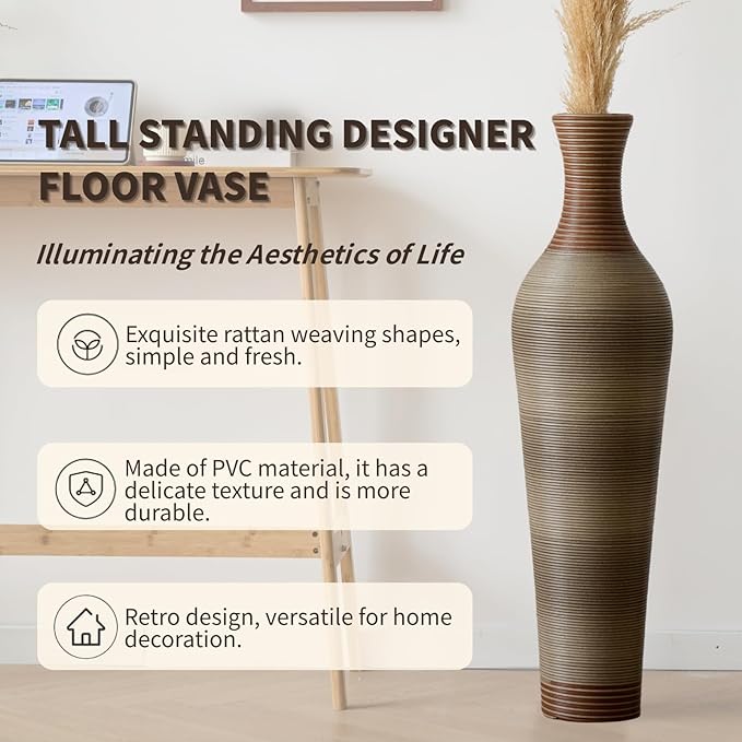 39-Inch Tall Vintage Floor Vase - Premium PVC Rattan Weave, Large Brown Standing Vase, Flower Holder for Home Decor (Light Brown)