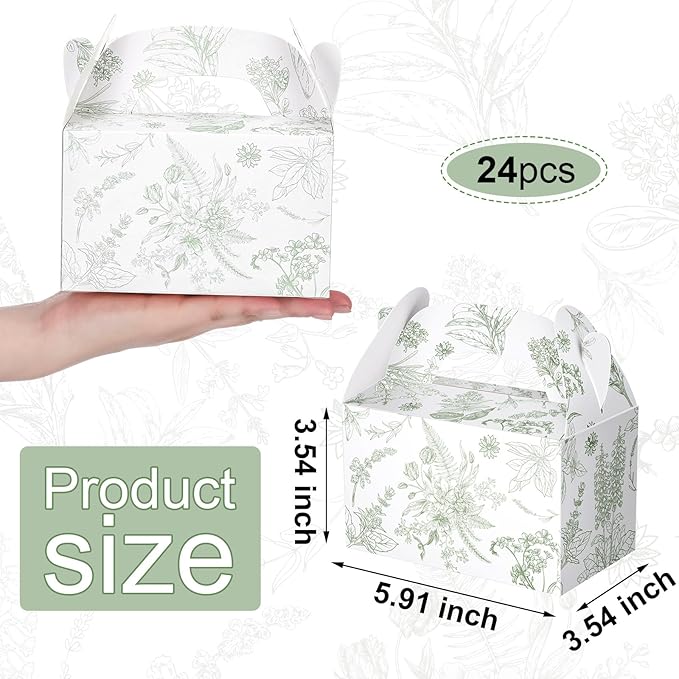 Dunzoom 24 Pack Sage Green Floral Paper Gift Boxes Party Favor Gift Gable Boxes with Chinoiserie Floral Printed Candy Treat Box for Wedding Birthday Tea Bridal Shower Party