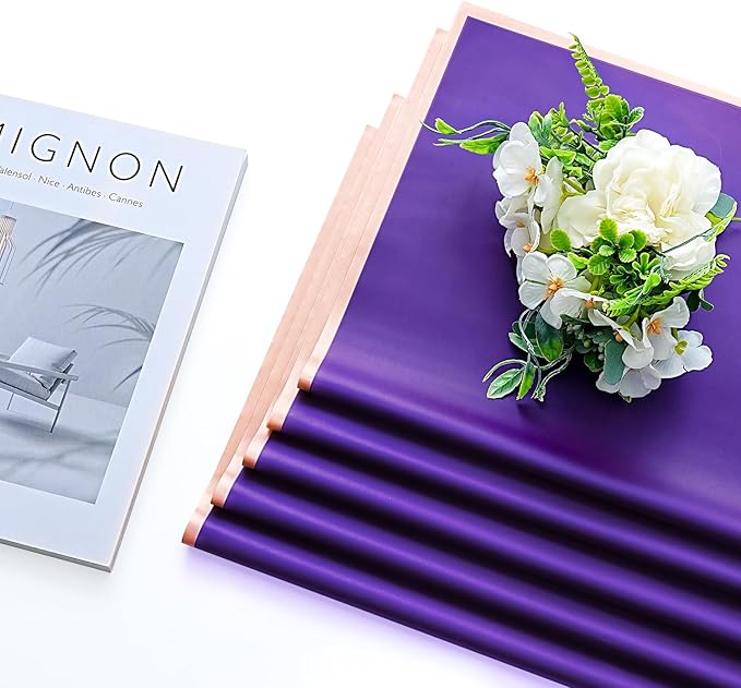Bupduq 30 Sheets Purple Gold Edge Flower Bouquet Wrapping Paper，Florist Supplies Waterproof Floral Bouquet Wrapping Paper Bouquet Accessorie，Flower Shop Packaging Pape for DIY Gift Wedding Birthday