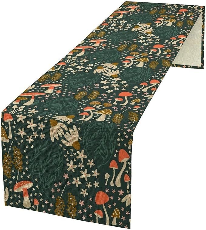 Mushroom Table Runner, Cartoon Woodland Summer Flowers Plants Forest Seasonal Spring Kitchen Dining Table Decoration for Home Party Decor, 13x90inch