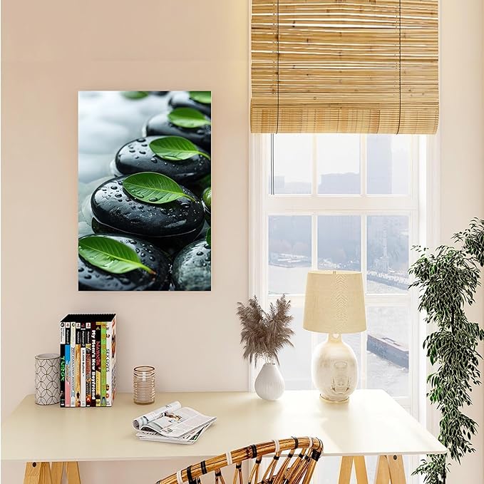 Glittering black stone cluster with fresh green leaves and water drops poster tranquil mist rain wall art zen wall art suitable for modern minimalist home decor 8x12in Wood Framed