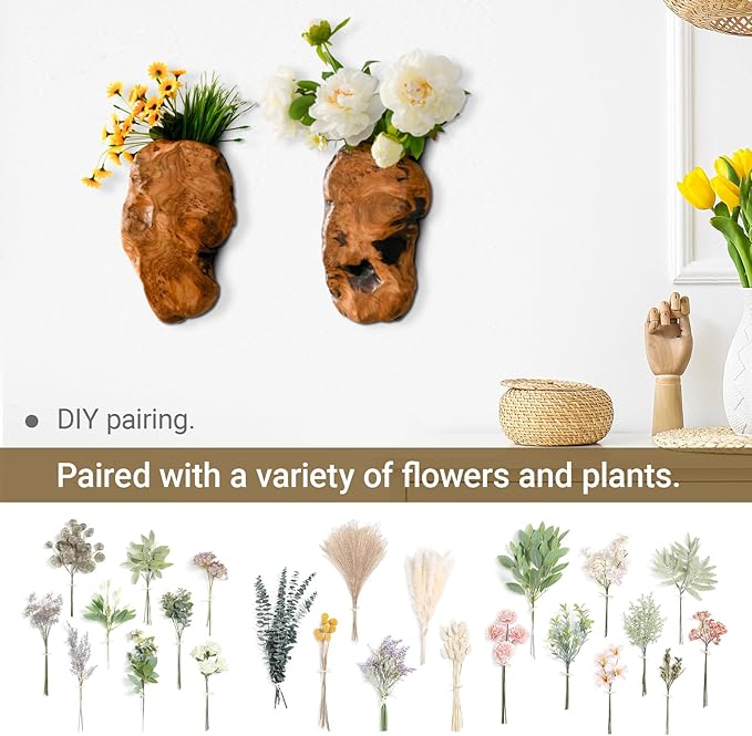 JOLLYMER 2-Pack Cedar Wood Live Edge Wall Vases – Natural Edge Hanging Flower Vase, Organic Root Carved, Rustic Home Décor, Handcrafted Wall Mounted Wooden Vase (Flowers Not Included)