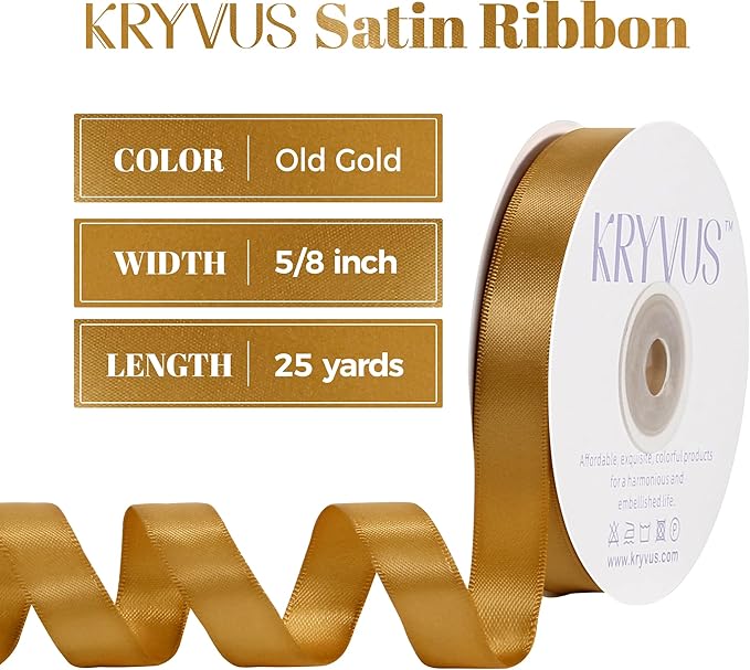 Old Gold Satin Ribbon, Double Faced 5/8 Inch X 25 Yards Old Gold Ribbon, Premium Satin Ribbon for Gift Wrapping, Crafts, Hair Bow Making, Sewing, Flower Bouquet, Wedding Party Decor