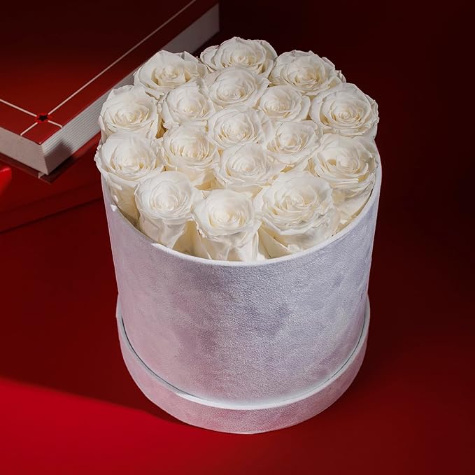 17 Flowers in a Luxury Suede Box, Birthday Gifts for Women, Preserved Flowers, Mothers Day Roses Gift for Mom, White