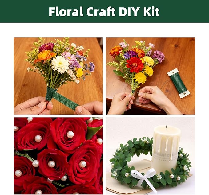 CllyCnny Floral Craft DIY Kit - 7pcs Complete Supplies with Floral Tape Ribbon Scissors Pin Wire for Bouquets Wreath Making Wedding Arrangement Crafts