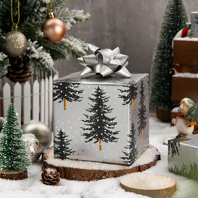 MAYPLUSS Christmas Gift Wrap Trees - 17 Inch X 33 Feet - Silver White Minimalist Christmas Trees Wrapping Paper Winter Festive Forest Present Sheet for Holiday, Seasonal Celebration