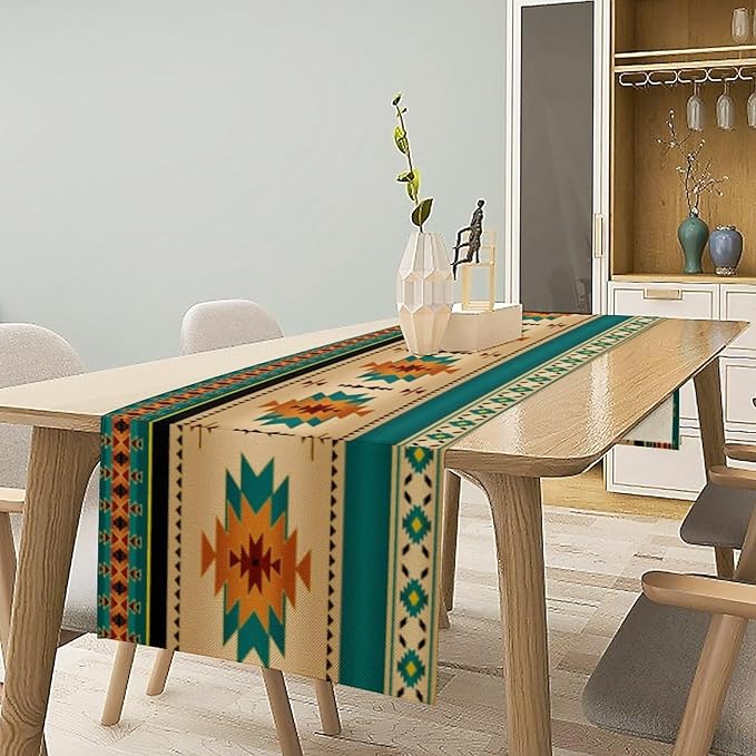 Aztec Southwest Table Runner, Ethnic Style Design Geometric Triditional Kitchen Table Runners Table Setting Decor for Garden Farmhouse Wedding Party Holiday Dinner Home, 13x120 Inch