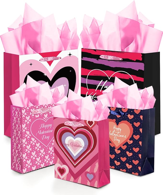 qiqee Valentine 5PCS Gift Bag with Tissue Paper Assorted Size Present Wrap Bags For Lover (3 PCS Medium Size+2 PCS Large Size)