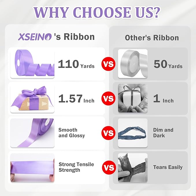 XSEINO 110 Yards Ribbon,1 1/2 Inch Lavender Satin Ribbon for Flower Bouquet, Gift Wrapping, Ribbons for Crafts, Hair Bows Making, Wedding Party Decoration, Sewing, Invitation Cards, Christmas