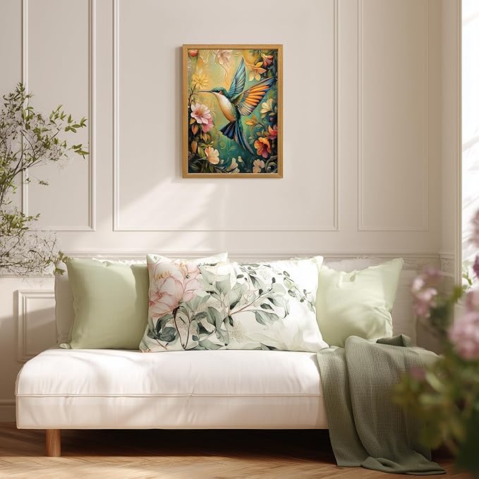 LLEEMPI William Morris Wall Art, Vintage Bird Floral Wall Decor, Hummingbird Flower Canvas Painting, Colorful Nature Botanical Aesthetic Picture for Living Room Bedroom Kid Room Wood Framed 12x16 inch