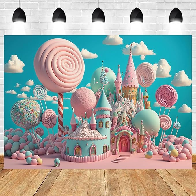 20x10ft Candyland Backdrop Sweet Candy Castle Photography Background Fantasy Lollipop Blue Sky White Cloud Cartoon Kids Birthday Banner Decorations Baby Shower Portrait Photo Booth Prop