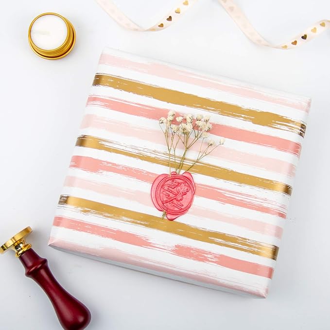 WRAPAHOLIC 30 Inch Pink Wrapping Paper Roll - Pink and Gold Lines Print for Birthday, Holiday, Wedding, Baby Shower Wrap - 30 inch x 33 feet