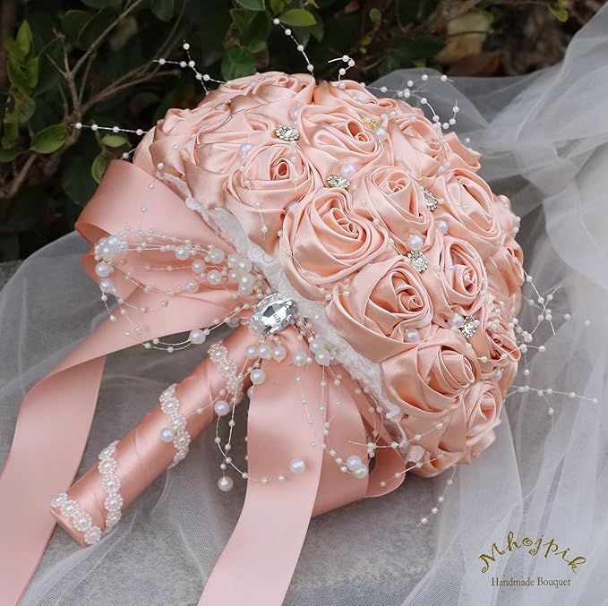 Bridal Wedding Bouquet Round Bling Brooch Bouquet Throw Toss Artificial Rose Flower Bunch for Bride Bridesmaid Wedding Quinceanera(Peach Pink, 9.8")