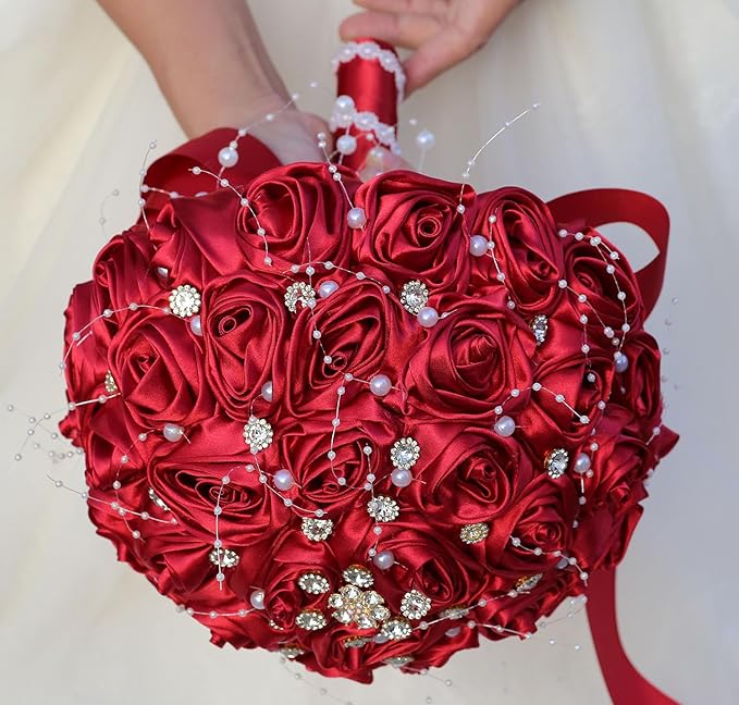 Bridal Wedding Bouquet Round Bling Brooch Bouquet Throw Toss Artificial Rose Flower Bunch for Bride Bridesmaid Wedding Quinceanera(Ruby Red, 7.5")