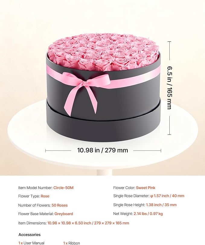 VEVOR Forever Flowers, 50 Preserved Roses in a Box, Eternal Flowers Immortal Bouquet Birthday Present for Delivery Prime Women Her Wife Mothers, Anniversary, Valentine's Day,Christmas, Sweet Pink