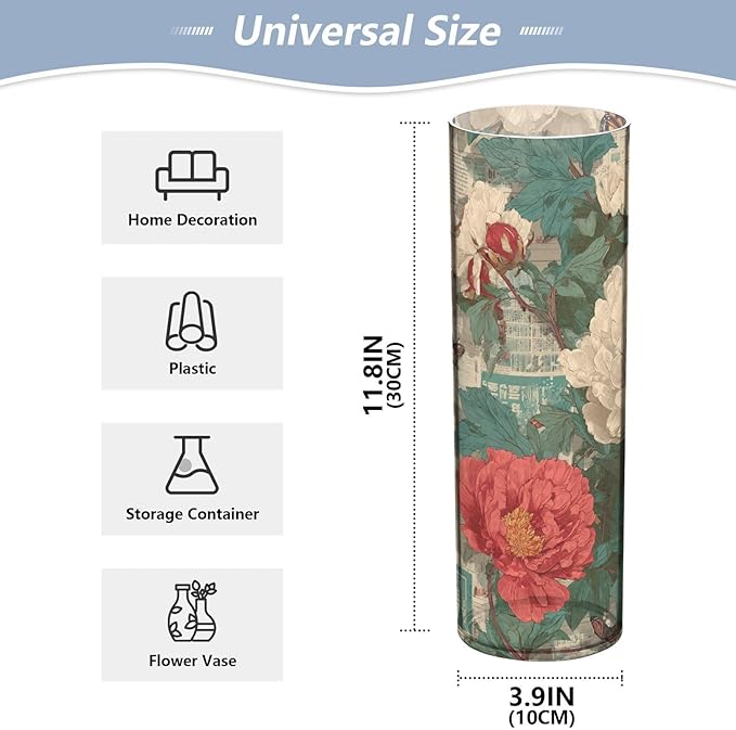 Flower Vase Clear Plastic Cylinder Vases Decor for Centerpieces Home Storage Office Weddings White Red Peonies 11.8 x 3.9 in