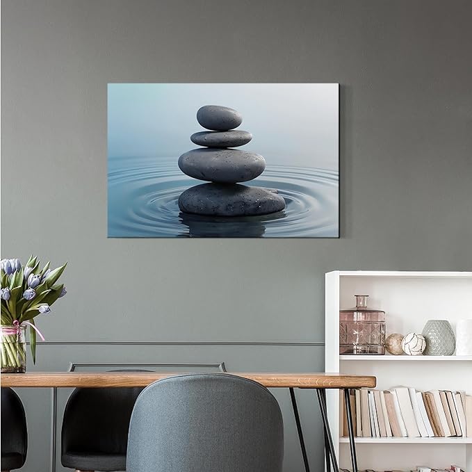 Zen wall art Harmonious grey stones stacked on a calm surface of water Serene Zen decor suitable for tranquil homes and spaces of meditation 12x18in Wood Framed