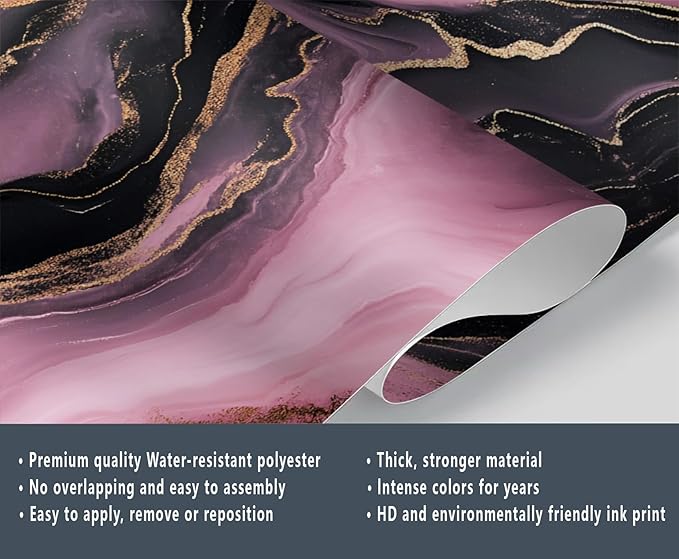 Pink Black Marble Wall Mural, Luxury Fluid Art 3D Wall Murals, Gold Vein Abstract Marble Wallpaper Mural, for Living Room Bedroom Large Wallpaper Indoor Decor 177.16" W x120 H