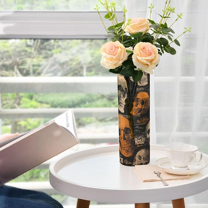 Flower Vase Clear Plastic Cylinder Vases Decor for Centerpieces Home Storage Office Weddings Vintage Orange and Grey Rock Skulls 11.8 x 3.9 in