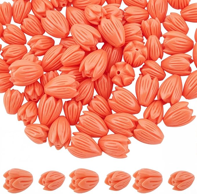 1 Box 100Pcs Carved Flower Beads Coral Jewelry Beads Jasmine Floral 3D Small Light Salmon Dyed Synthetic Coral Loose Smooth Spacers for Jewelry Making Necklace Bracelet DIY Craft Accessories