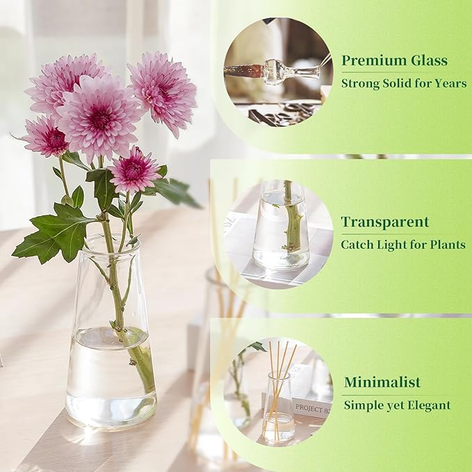 Hewory Glass Bud Vases for Centerpieces: Small Clear Modern Flower Vase Set of 6, Minimalist Cute Mini Decorative Bulk Vases for Wedding Birthday Bridal Shower Party Events Dining Room Table Decor