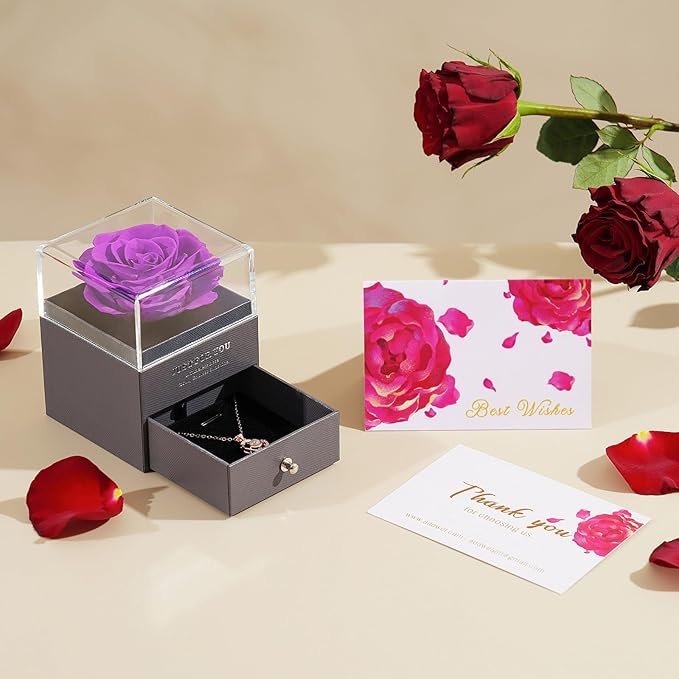 Preserved Rose Gifts for Mom Birthday – Forever Real Rose Music Box for Women – You Are My Sunshine Gifts for Mom Grandma Wife Girlfriend – Eternal Roses Box with I Love You Necklace in 100 Languages