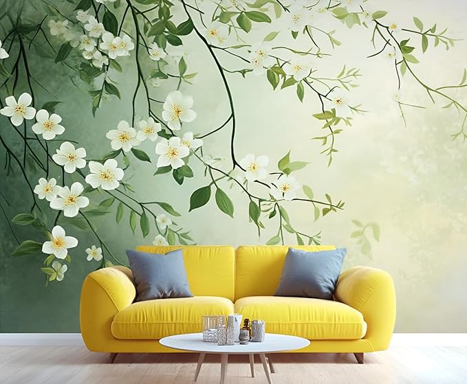 Spring Blossom Floral Wall Mural, Minimalist White Floral 3D Wall Murals, Elegant Botanical Wallpaper Mural, for Living Room Bedroom Large Wallpaper Indoor Decor 157.5" W x110.3 H