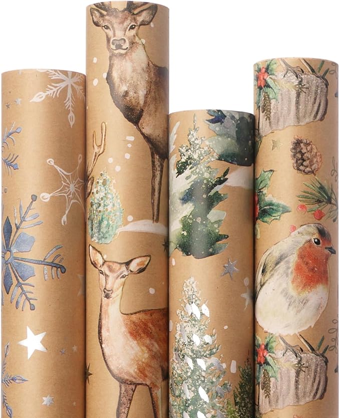 Ribbli 4 Rolls Christmas Wrapping Paper Vintage Kraft Wrapping Paper, 30 x 120 inch(10ft) Per Roll, 100 Sq Ft Total, Brown Kraft Paper with Winter Elements Pattern Snowflake/Tree/Reindeer/Bird