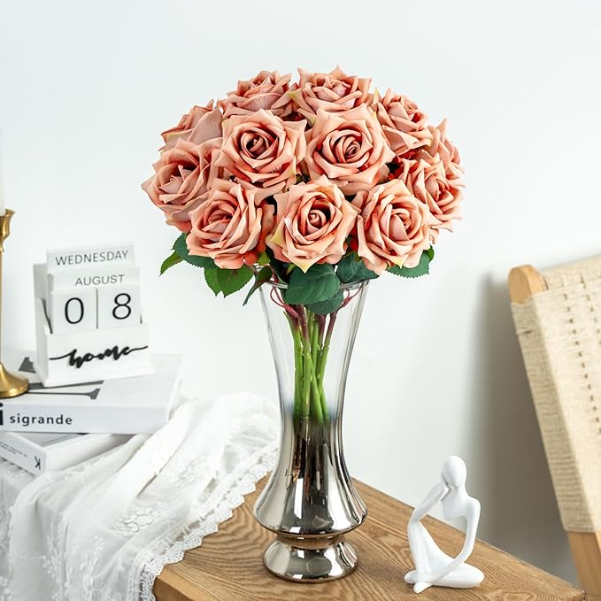 Fake Roses Faux Flowers Silk Roses 16.5In Artificial Roses with Stems Realistic Artificial Flowers Suitable for Indoor Home Decoration Diy Bouquet Wedding Decoration Party Decor 12PCS Khaki