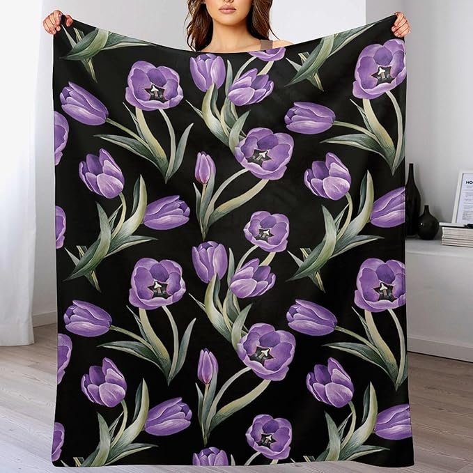 Purple Tulip Blanket Flower Gifts for Girls Women Tulip Floral Throw Blanket for Kids Adults Soft Warm Cozy Fleece Blanket for Couch Sofa Bed 60"x80"