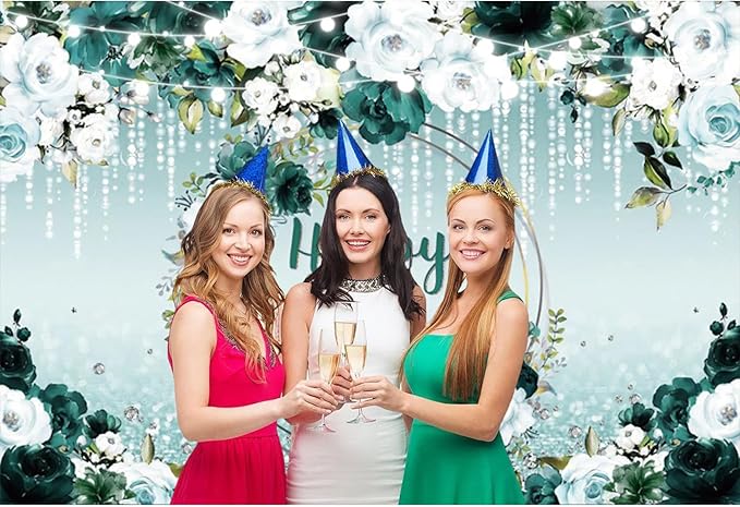 Renaiss 6x4ft Floral Happy Birthday Backdrop for Woman Fabric Green White Flowers Blooming Flower Photography Background Shinning Diamond Photo Backdrops for Birthday Party Supply
