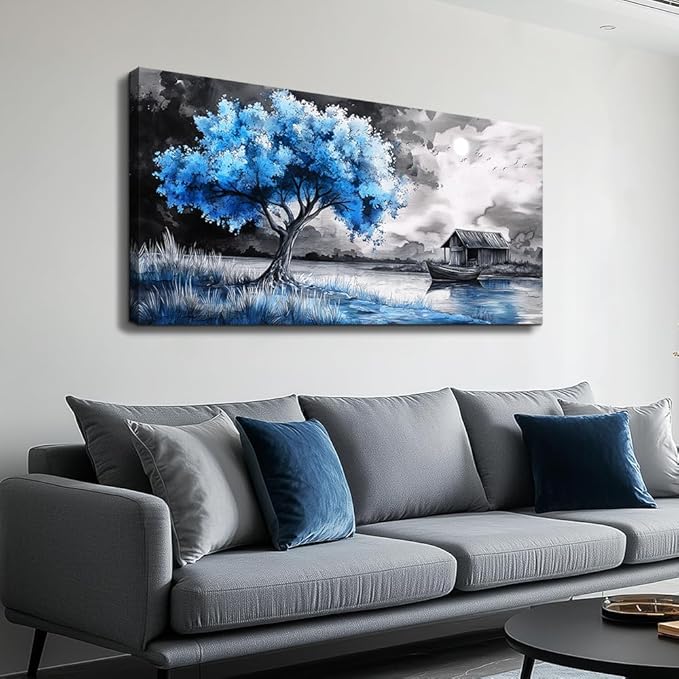 PHAOHUAXM large Wall Art For Living Room Bedroom Wall Decor Black White Scenery And Blue Trees Wall Painting Modern Home Decoration For Room Office Restaurant Canvas Art Prints Home Decor 20x40 In