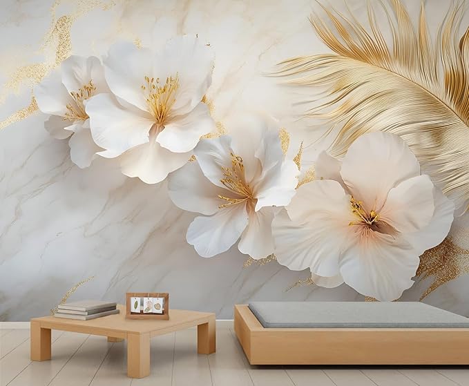 White Flowers Marble Wall Mural, Luxury Floral 3D Wall Murals, Elegant Gold Leaf Design Wallpaper Mural, for Living Room Bedroom Large Wallpaper Indoor Decor 197" W x124.8 H