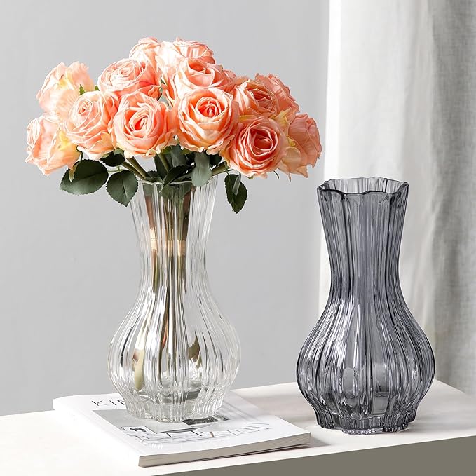 8" Decorative Modern Flower Vase with Twine Rope for Floral Arrangements, Wide Mouth Large Clear Glass Vase for Bouquet(Transparent) (Grey, 01)