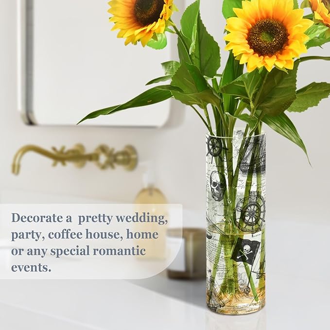 Flower Vase Clear Plastic Cylinder Vases Decor for Centerpieces Home Storage Office Weddings Pirate Skull Flags Sailing Ships 11.8 x 3.9 in