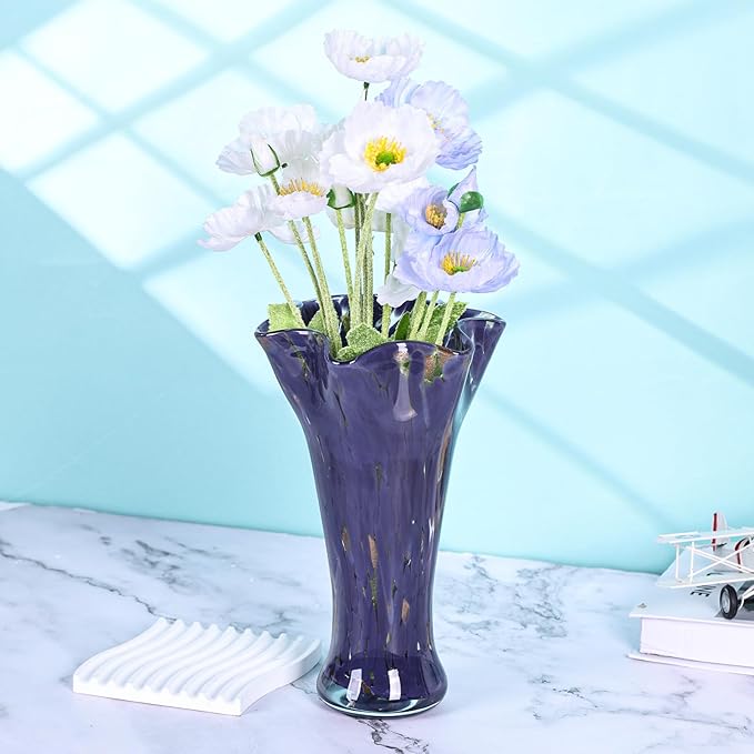 9.0" H Purple Glass Vases for Flowers, Unique Hand Blown Glass Vase Purple Home Decor, Wide Mouth Colorful Flower Vase Centerpieces, for Living Room Table Bookshelf, Bathroom Office Shelf Decorative