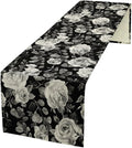 Vintage Black Flower Table Runner, Retro Roses Blossom Eucalyptus Plants Botanical Branches Dark Gothic Floral Table Runner for Home Party Indoor Outdoor Decor, 13x70inch