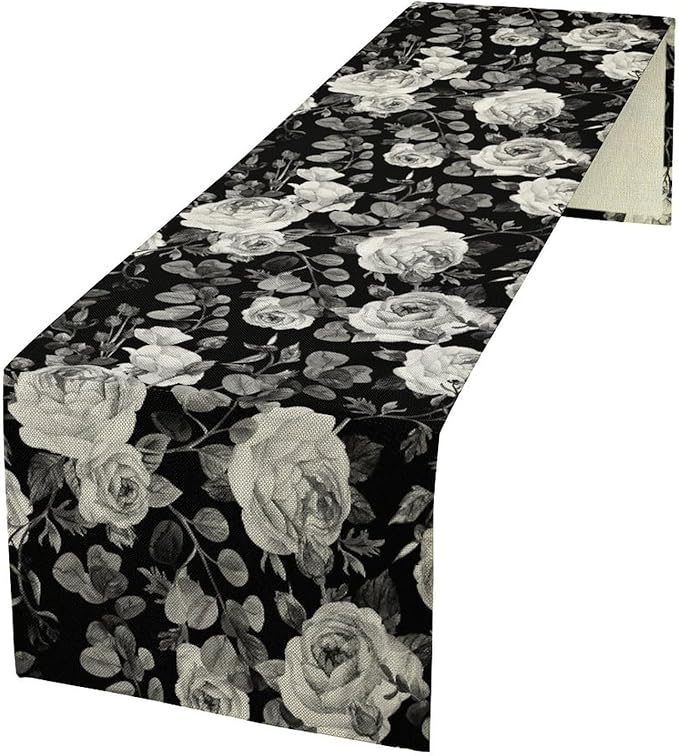Vintage Black Flower Table Runner, Retro Roses Blossom Eucalyptus Plants Botanical Branches Dark Gothic Floral Table Runner for Home Party Indoor Outdoor Decor, 13x70inch