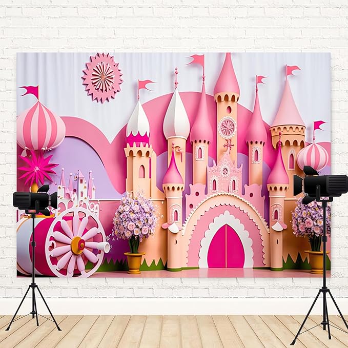 6x4ft Princess Castle Backdrop Pink Purple Floral Girl Birthday Photography Background Kids Birthdays Newborn Baby Shower Banner Decorations Wedding Party Portrait Photo Booth Prop