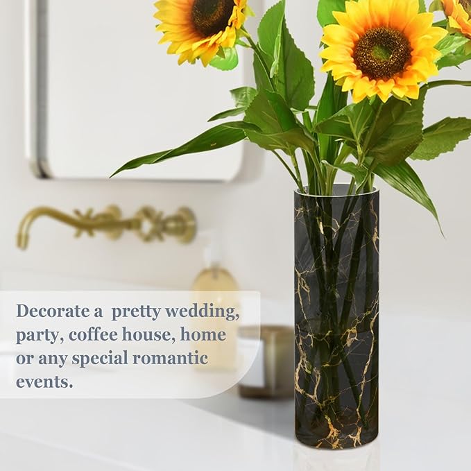 Flower Vase for Centerpieces, Black Gold Marble Print Plastic Cylinder Vase, Clear Bud Vases for Home Wedding Office Table Decor