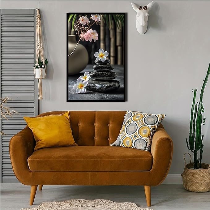 A harmonious black stone stack paired with white and pink flowers bamboo and ceramic vases creates a tranquil Zen decor for minimalist homes and mindful spaces 8x12in Metal blackFramed