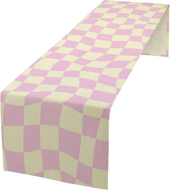 Hippie Table Runner Retro Geometric Square Purple Grid 60s70s Style Kitchen Restaurant Decoration for Indoor and Outdoor Wedding Party Table Runner 13x108 Inch