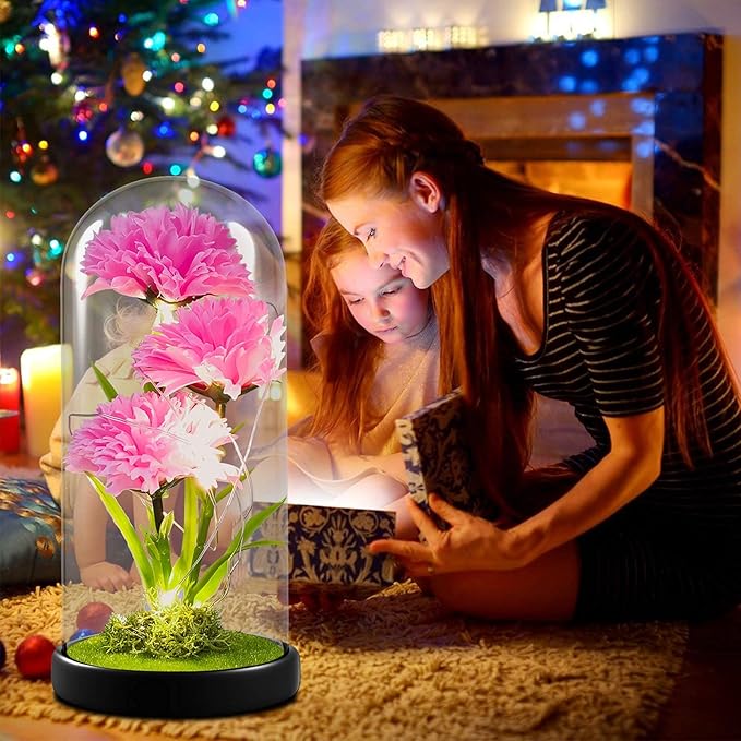 QUELIEN Christmas Carnation Flowers Gifts for Mom,Pink Artificial Carnation in Glass Dome with Led Light for Mother's Day,Birthday,Christmas (Pink)