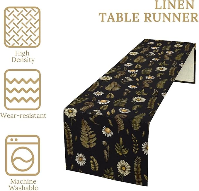 Vintage Daisy Flower Table Runner, Rustic Forest Green Plants Leaves Wild Floral Ferns Print Holiday Kitchen Dining Coffee Table Decoration for Home Indoor Outdoor Party, 13x108inch