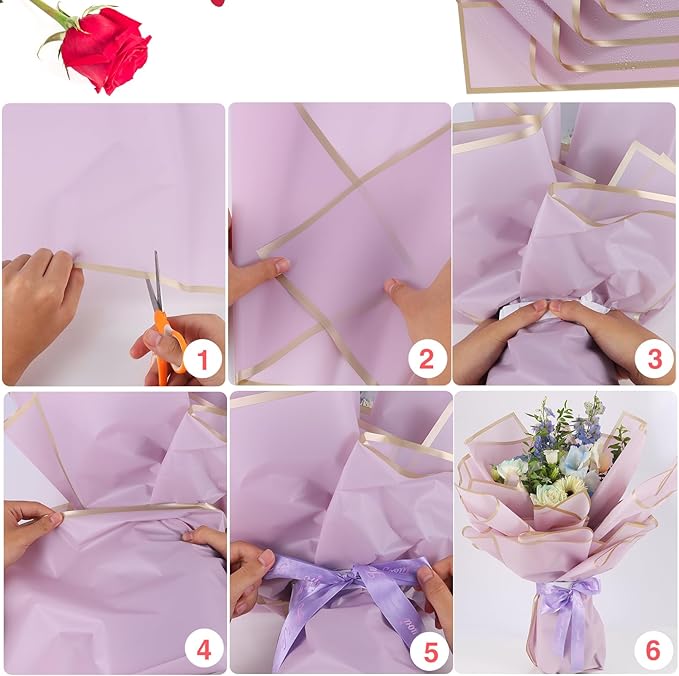 YIDATIKER 20 sheet Flower Wrapping Paper,waterproof floral wrapping paper for bouquets,DIY Florist Supplies Packaging Paper with satin ribbon for Wedding,Birthday,Valentine's Day(Purple)