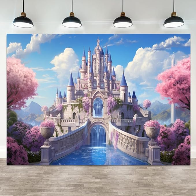 15x10ft Princess Castle Backdrop Pink Floral Blue Sky Photography Background White Cloud Forest Mountain Girls Birthday Baby Shower Banner Decorations Wedding Party Portrait Photo Booth Prop