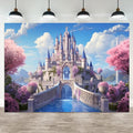 15x8ft Princess Castle Backdrop Pink Floral Blue Sky Photography Background White Cloud Forest Mountain Girls Birthday Baby Shower Banner Decorations Wedding Party Portrait Photo Booth Prop