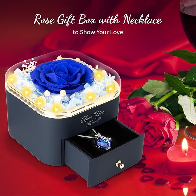 Preserved Blue Real Rose with Necklace Jewelry Box -Eternal Flowers Rose Gifts for Grandma Wife Girlfriend on Valentines Mothers Day Christmas Birthday Anniversary Romantic Gifts for Her