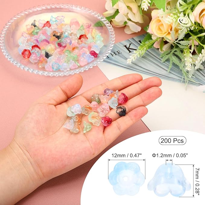 PATIKIL Glass Trumpet Flower Beads, 200 Pcs Gradient Flower Bead Charm for Jewelry Making DIY Craft, Bracelets, Earrings, Necklaces Decorations, Light Blue